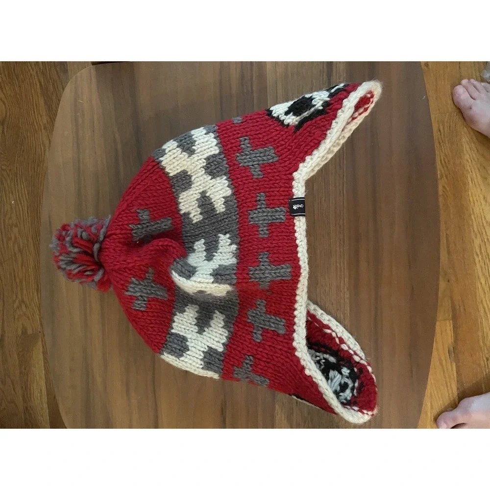 Red And Gray Wool Knit Skull Ear Flap Hat By Grace Hats‎ OS Beanie